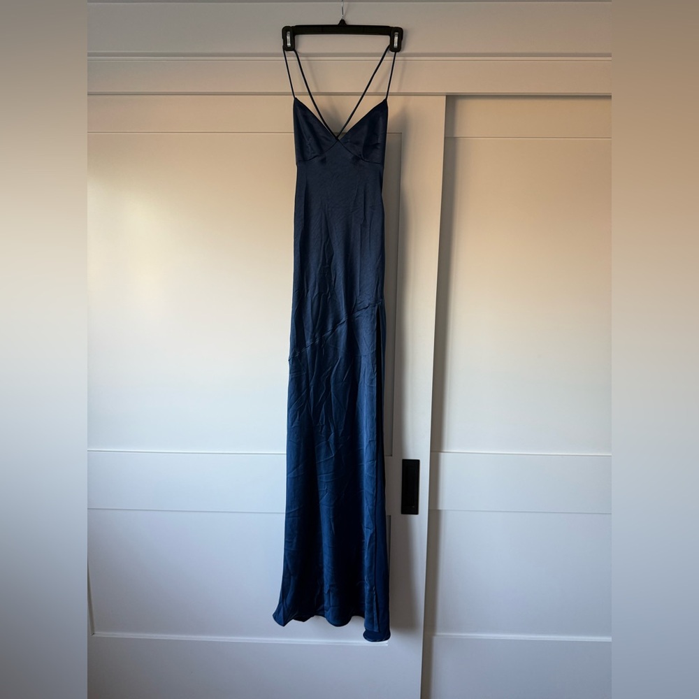 Never worn baby boo silk navy maxi dress with leg slit and open back